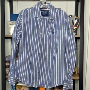 American Eagle Outfitters Navy and White Striped Button-Down Shirt